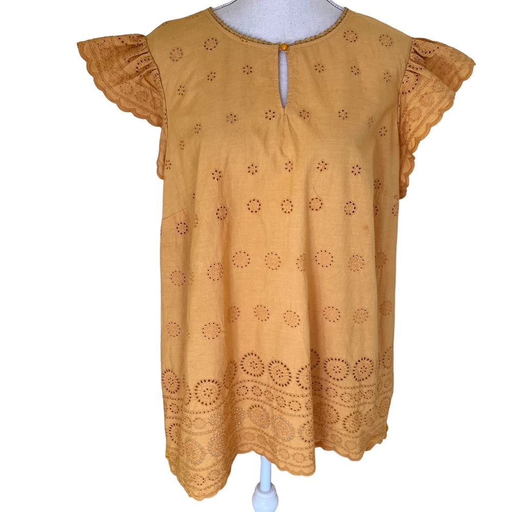 Lane Bryant Mustard Eyelet Front/Knit Back Ruffle Sleeve Top 14/16